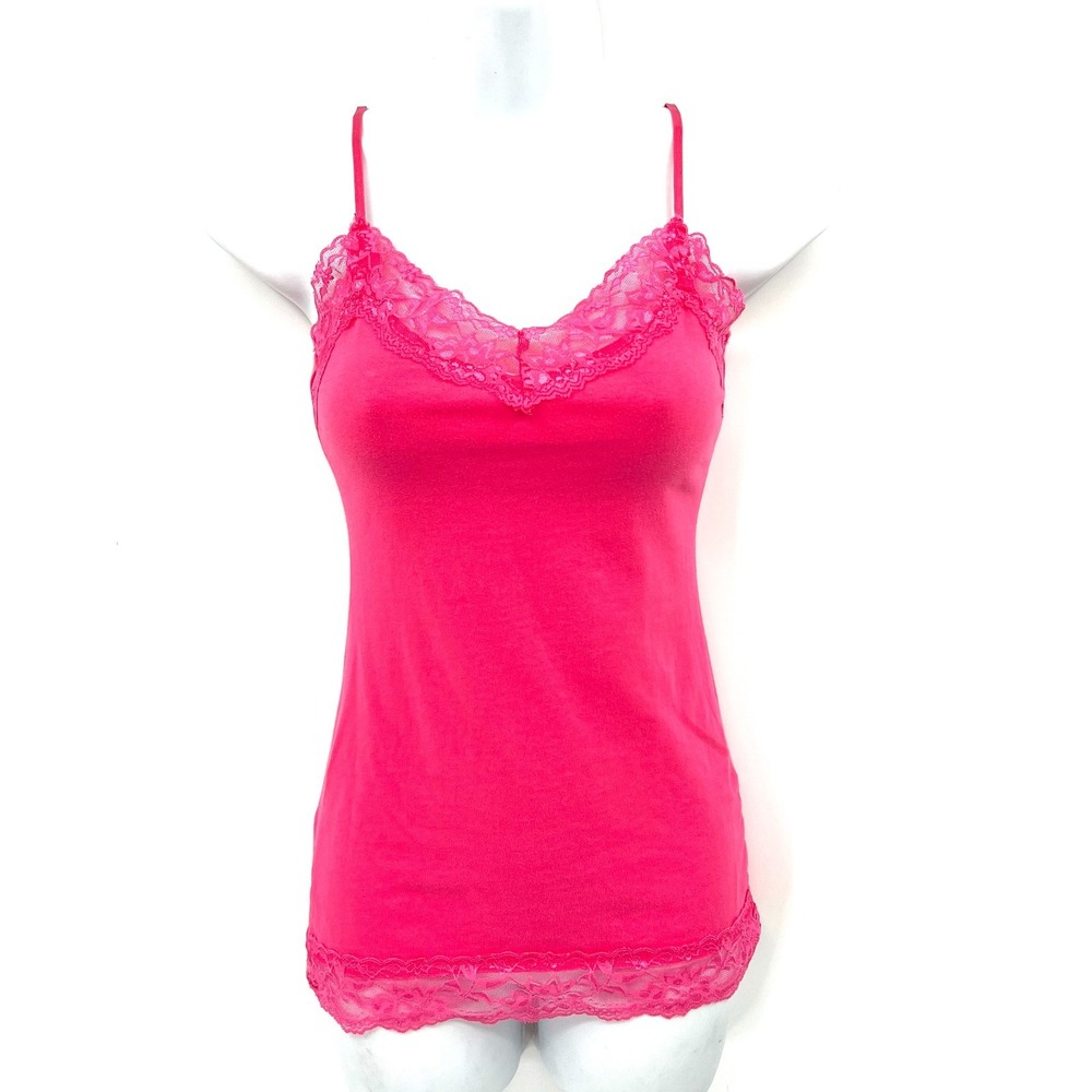 retro y2k neon hot pink lace fairycore bright lace trimmed tank top S